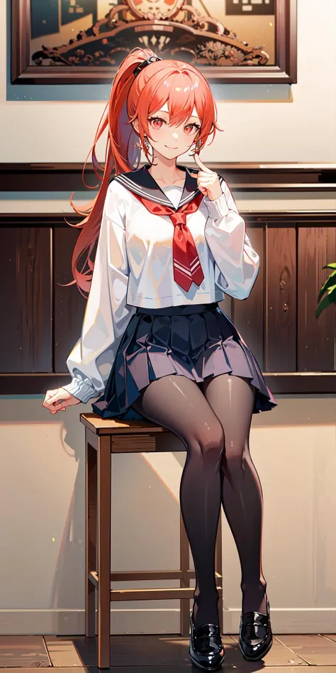 (Masterpiece:1.2, high quality), (pixiv:1.4), (1girl:1.2), (solo:1.2), medium_face, black + high_ponytail, blunt bangs, red eyes, smile, Light_face, large breasts, slenderwaist, Wide pelvic, thigh gaps, (serafuku, sailor collar, necktie), (pleated skirt blue skirt, pantyhose, black footwear, shoes), Single_earrin,sitting,crossed legs, (full body), (blurry background)
