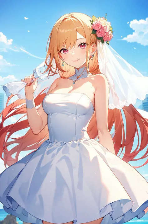 masterpiece,best quality,high quality,highres,1girl,solo,<lora:kitagawa:0.8>,kitagawa marin,cowboy_shot,smile,wedding dress,