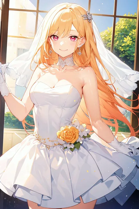 masterpiece,best quality,high quality,highres,1girl,solo,<lora:kitagawa:0.8>,kitagawa marin,cowboy_shot,smile,wedding dress,