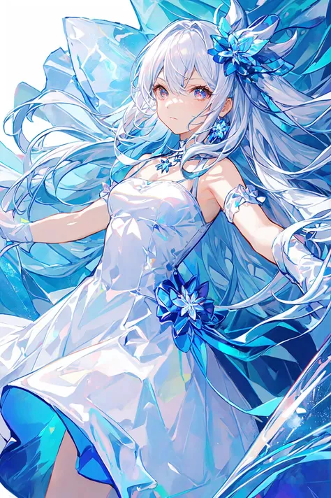 best quality,high quality,highres,1girl,<lora:laser0626:0.8>,solo,leishe,long hair,white hair,long dress,laser,<lora:add_detail:0.5>,hair ornament,necklace,simple background,bangs,cowboy_shot,hair ornament,necklace,dynamic pose,looking at viewer,outstretched arms,