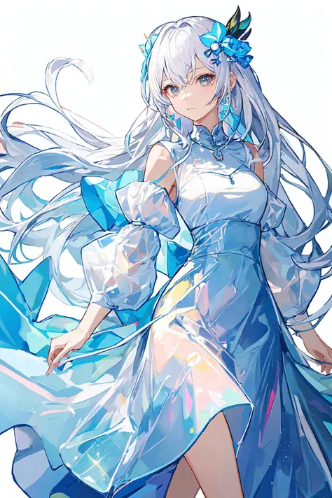 best quality,high quality,highres,1girl,<lora:laser0626:0.7>,solo,leishe,long hair,white hair,long dress,laser,<lora:add_detail:0.3>,hair ornament,necklace,simple background,bangs,cowboy_shot,hair ornament,necklace,