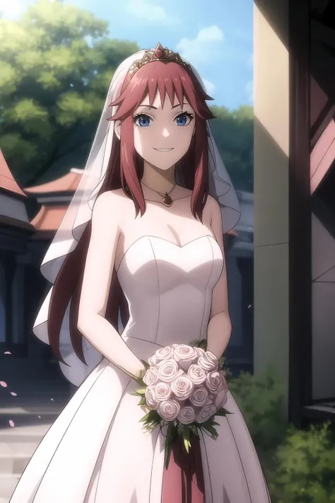 1girl, bangs, long hair, looking at viewer, red hair, solo, cowboy shot, smile, queen_sara, (wedding dress:1.4), wedding ceremony, outdoor, <lora:add_detail:0.7>