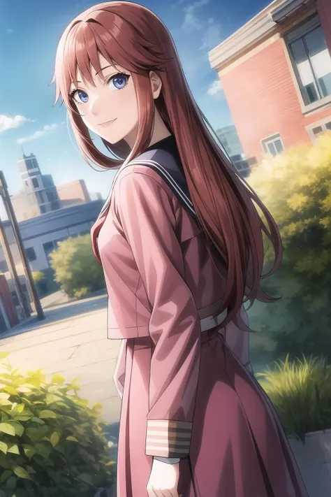 1girl, bangs, long hair, looking at viewer, red hair, solo, cowboy shot, smile, queen_sara, (school uniform, sailor uniform:1.4), outdoor, town, high buildings, <lora:add_detail:0.7>