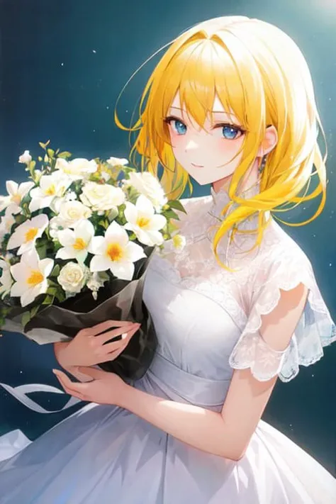 1girl, solo, flowers, yellow hair, white flowers in background, shiny hair, flower bouquet, gradient backgrounds, tone mapped