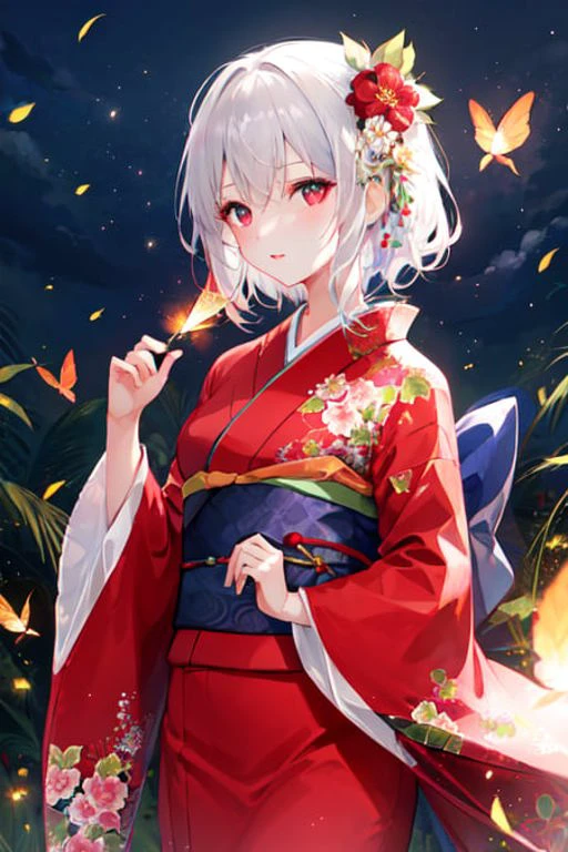 1girl, fire flies, floral_print, kimono, long_sleeves, looking_at_viewer, red_eyes, short_hair, solo, white_hair, wide_sleeves, night
