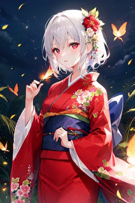 1girl, fire flies, floral_print, kimono, long_sleeves, looking_at_viewer,  red_eyes, short_hair, solo, white_hair, wide_sleeves, night