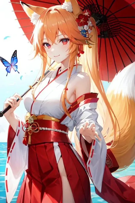 1girl, animal_ear_fluff, animal_ears, bangs, bare_shoulders, breasts, bug, butterfly, closed_mouth, eyebrows_visible_through_hair, flower, fox_ears, fox_girl, fox_tail, hair_ornament, hakama, hakama_skirt, holding, japanese_clothes, kimono, long_hair, long_sleeves, looking_at_viewer, new_year, off_shoulder, oil-paper_umbrella, red_eyes, red_hakama, red_skirt, skirt, smile, solo, tail, very_long_hair