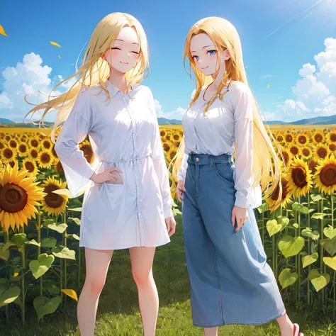 Masterpiece, best quality, 2girls, long blond hair, (forehead:1.2), eyes closed, :3, smug, wariza, oversized shirt, oversized clothes, slippers, small breasts, full body, cowboy shot, outdoors, field of flowers, sunflowers,