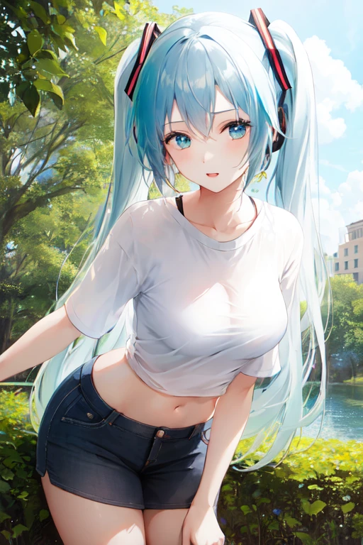 1girl, looking at the viewer, long hair, silver hair, midriff, navel, ((miku)), leaning forward, loose t-shirt, downblouse, extended downblouse