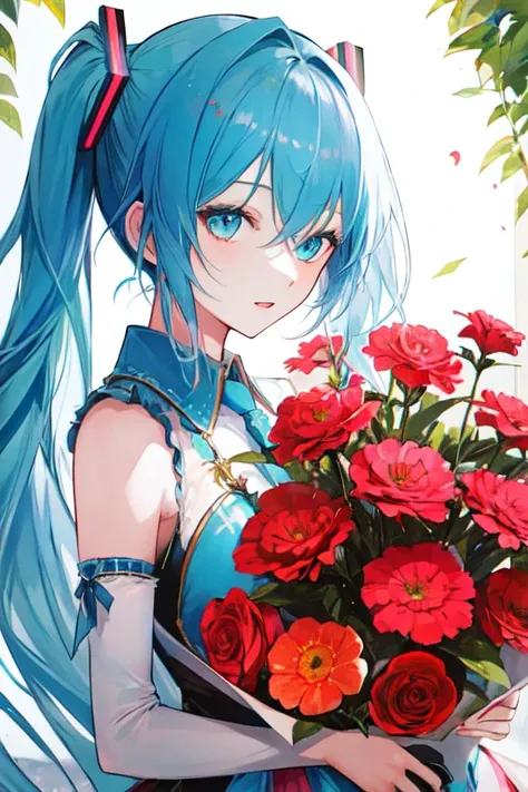 1girl, miku, solo, flowers, long hair, pink flowers in the background, shiny hair, flower bouquet, tone mapped, high contrast, strings, love, heart