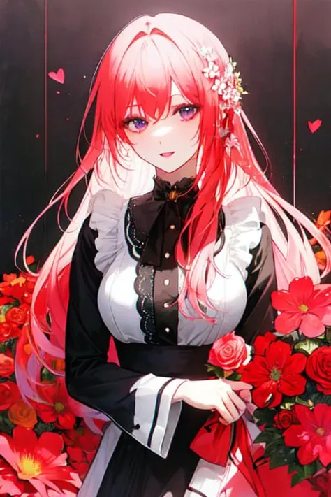 1girl, solo, flowers, long hair, pink flowers in the background, shiny hair, flower bouquet, tone mapped, high contrast, strings, love, heart