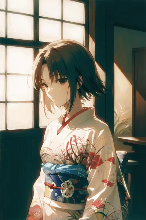 1girl, ryougi shiki, obi, white kimono, obijime, floral print <lora:RyougiShikiV2:0.7>, (((masterpiece))), ((best quality)), detailed, solo,