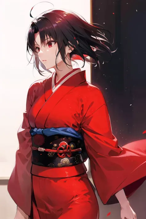 1girl, ryougi shiki, black hair, sash, red kimono, obijime <lora:RyougiShikiV2:0.55>