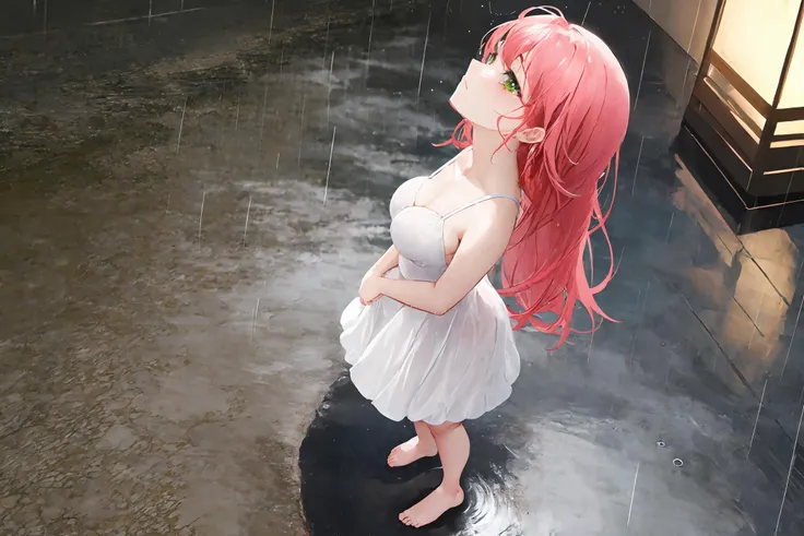 1girl, night, from above, rain, puddles, wet, (outside:1.5), (looking up:1.3), dress, green eyes, pink hair, tears, arms at sides, road, ((masterpiece)), (best quality), full body, closed mouth, (calm:1.5), solo, medium breast, white dress, wet dress, long hair, standing, barefoot,