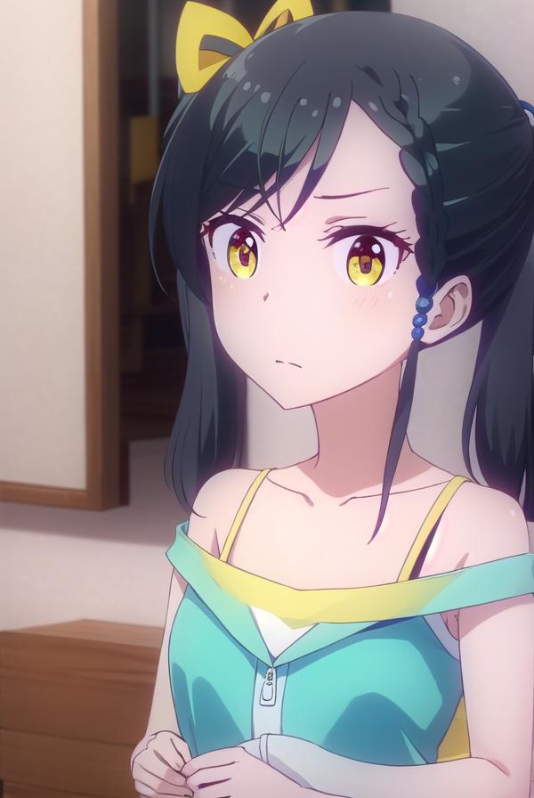 Anime girl with black hair and yellow eyes in a blue dress - SeaArt AI