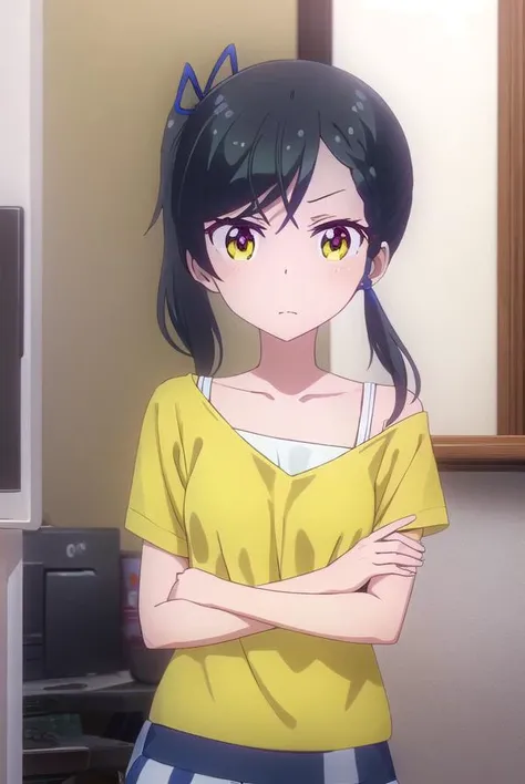 tsubamenarumi, <lora:tsubame narumi s2-lora-nochekaiser:1>,
tsubame narumi, black hair, ribbon, hair ribbon, (yellow eyes:1.3), side ponytail, braid, single braid,
BREAK collarbone, shirt, off shoulder, bra strap, short sleeves,
BREAK indoors, office,
BREAK looking at viewer, (cowboy shot:1.5),
BREAK <lyco:GoodHands-beta2:1>, (masterpiece:1.2), best quality, high resolution, unity 8k wallpaper, (illustration:0.8), (beautiful detailed eyes:1.6), extremely detailed face, perfect lighting, extremely detailed CG, (perfect hands, perfect anatomy),