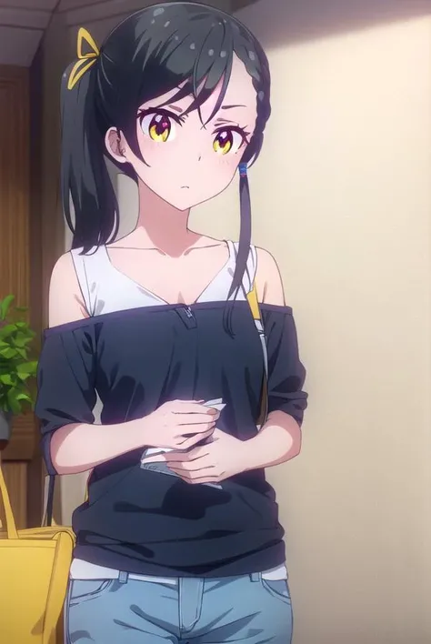 tsubamenarumi, <lora:tsubame narumi s2-lora-nochekaiser:1>,
tsubame narumi, black hair, ribbon, hair ribbon, (yellow eyes:1.3), side ponytail, braid, single braid,
BREAK collarbone, shirt, off shoulder, bra strap, short sleeves,
BREAK indoors, office,
BREAK looking at viewer, (cowboy shot:1.5),
BREAK <lyco:GoodHands-beta2:1>, (masterpiece:1.2), best quality, high resolution, unity 8k wallpaper, (illustration:0.8), (beautiful detailed eyes:1.6), extremely detailed face, perfect lighting, extremely detailed CG, (perfect hands, perfect anatomy),