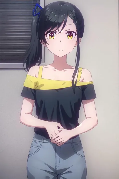 tsubamenarumi, <lora:tsubame narumi s2-lora-nochekaiser:1>,
tsubame narumi, black hair, ribbon, hair ribbon, (yellow eyes:1.3), side ponytail, braid, single braid,
BREAK collarbone, shirt, off shoulder, bra strap, short sleeves,
BREAK indoors, office,
BREAK looking at viewer, (cowboy shot:1.5),
BREAK <lyco:GoodHands-beta2:1>, (masterpiece:1.2), best quality, high resolution, unity 8k wallpaper, (illustration:0.8), (beautiful detailed eyes:1.6), extremely detailed face, perfect lighting, extremely detailed CG, (perfect hands, perfect anatomy),
