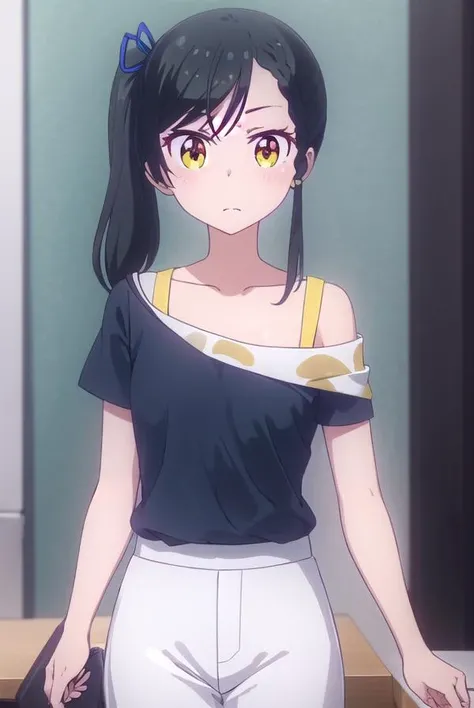 tsubamenarumi, <lora:tsubame narumi s2-lora-nochekaiser:1>,
tsubame narumi, black hair, ribbon, hair ribbon, (yellow eyes:1.3), side ponytail, braid, single braid,
BREAK collarbone, shirt, off shoulder, bra strap, short sleeves,
BREAK indoors, office,
BREAK looking at viewer, (cowboy shot:1.5),
BREAK <lyco:GoodHands-beta2:1>, (masterpiece:1.2), best quality, high resolution, unity 8k wallpaper, (illustration:0.8), (beautiful detailed eyes:1.6), extremely detailed face, perfect lighting, extremely detailed CG, (perfect hands, perfect anatomy),
