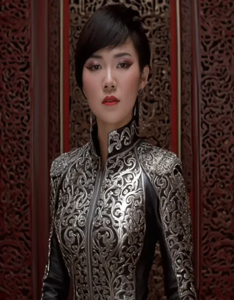 hostile female chinese assassin wearing intricate ornate chrome bodysuit <lora:Big_Trouble_in_Little_LoRA_XL:1.3>