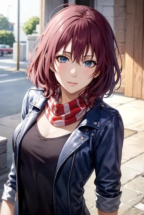 masterpiece, (best quality), 1woman,1girl ,TangRou, purple hair , blue eyes,short hair,sexy woman, casual clothes,purple scarf,blue jacket,navy skirt, black shirt, closed jacket,vibrant colors ,natural lighting ,RTX, medium breasts, beautiful, (detailed face:1.2), showcase, (perfect eyes:1.1) ,(photorealistic:1.1), 8k uhd, looking a viewer, simple backround