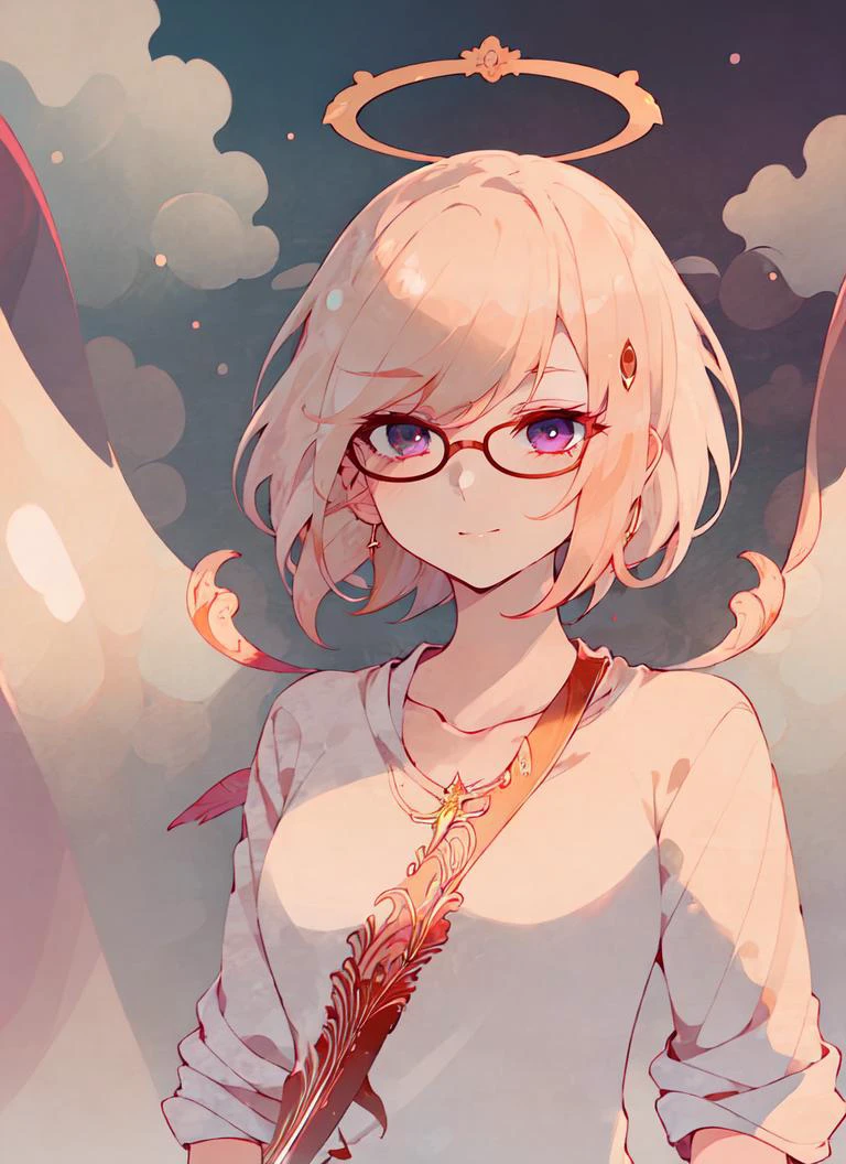 ((best quality)), ((highly detailed)), masterpiece, absurdres, (detailed eyes, deep eyes), (1girl), (glasses), dynamic pose, upper body, ((archangel with a fire sword and a shield)), angelic, platinum blonde hair, (floating hair), purple eyes, large white wings, symmetrical wings, (halo), golden glow, calm smile, short hair, flowing (white robe), <lora:EraseGroinSkirt:1>, (cross), (clouds), (outdoors, in a mansion, midnight, night sky, stars, moonbeam), <lora:pastel_illustrationV02:1.5>, pastel llustration