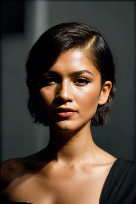 photoshoot of zdy, (short hair cut), , detailed skin texture, (blush:0.2), (goosebumps:0.3), (light black dress), subsurface scattering, Photorealistic, Hyperrealistic, Hyperdetailed, analog style, hip cocked, demure, detailed skin, matte skin, soft lighting, subsurface scattering, realistic, heavy shadow, masterpiece, best quality, ultra realistic, 8k, golden ratio, Intricate, High Detail, film photography, soft focus <lora:Zendaya-RealVision-V1.0:1.1>