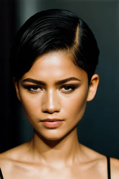photoshoot of zdy, (short hair cut), , detailed skin texture, (blush:0.2), (goosebumps:0.3), (light black dress), subsurface scattering, Photorealistic, Hyperrealistic, Hyperdetailed, analog style, hip cocked, demure, detailed skin, matte skin, soft lighting, subsurface scattering, realistic, heavy shadow, masterpiece, best quality, ultra realistic, 8k, golden ratio, Intricate, High Detail, film photography, soft focus <lora:Zendaya-RealVision-V1.0:1.1>