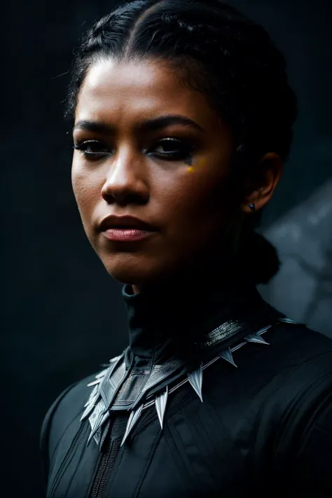 A stunning intricate full color portrait of zdy, wearing a black black panther outfit, epic character composition, by ilya kuvshinov, alessio albi, nina masic, sharp focus, natural lighting, subsurface scattering, f2, 35mm,<lora:Zendaya-RealVision-V1.0:1.1>