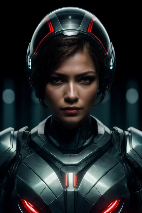 zdy, ((best quality)), ((masterpiece)), (detailed), Midjourney Style, close-up, woman, robot, red eyes, concept art, inspired by Marek Okon, digital art, Crysis Nanosuit, futuristic, (glowing elements:1.1), 4:3 aspect ratio, dynamic duo,<lora:Zendaya-RealVision-V1.0:1.1>