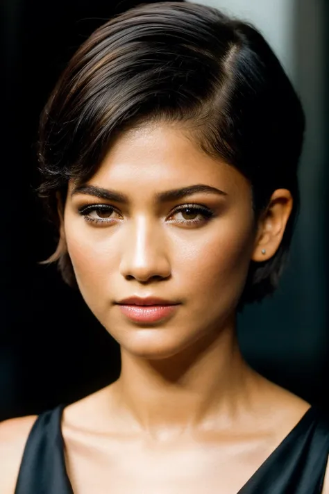 photoshoot of zdy, (short hair cut), , detailed skin texture, (blush:0.2), (goosebumps:0.3), (light black dress), subsurface scattering, Photorealistic, Hyperrealistic, Hyperdetailed, analog style, hip cocked, demure, detailed skin, matte skin, soft lighting, subsurface scattering, realistic, heavy shadow, masterpiece, best quality, ultra realistic, 8k, golden ratio, Intricate, High Detail, film photography, soft focus <lora:Zendaya-RealVision-V1.0:1>