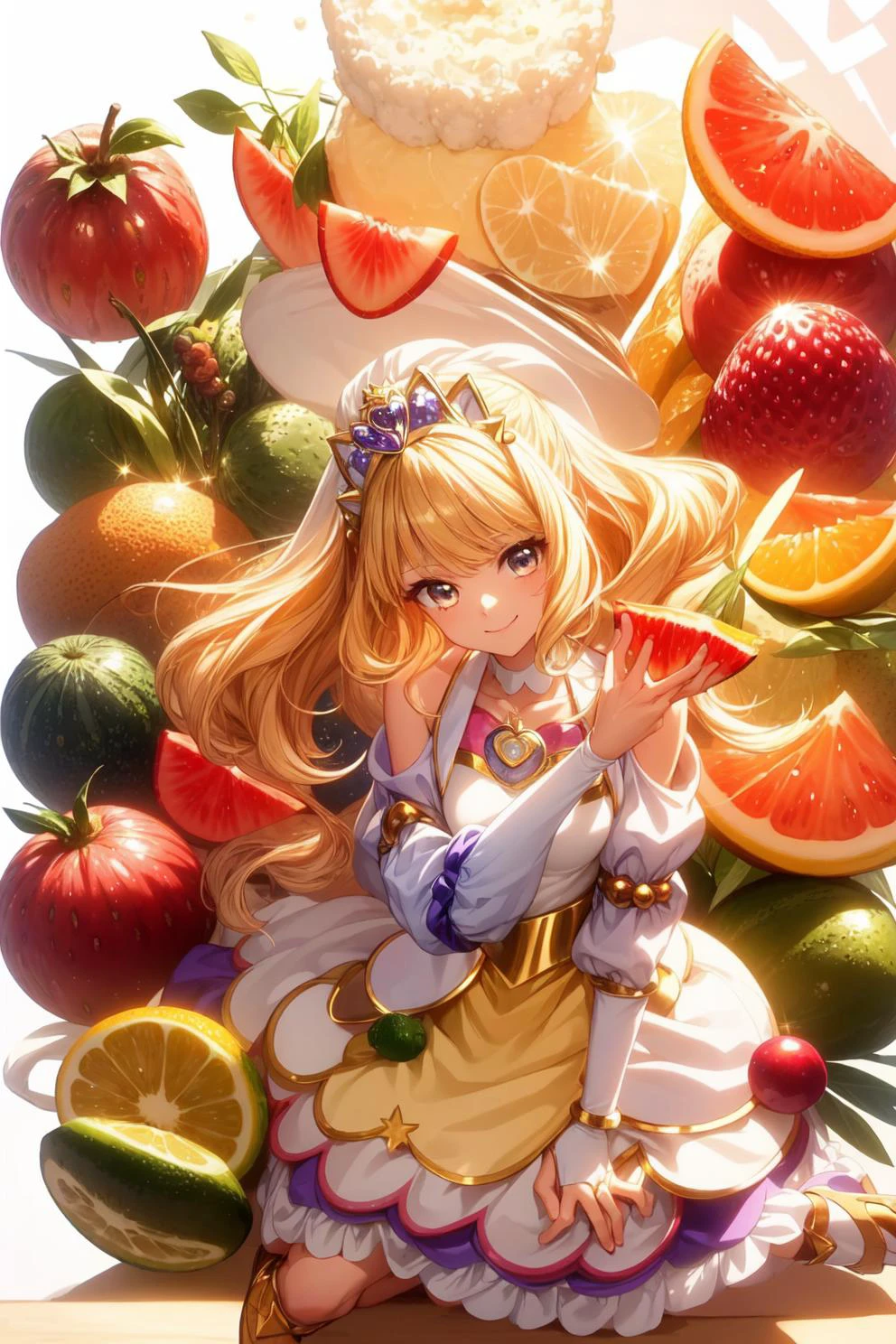 1girl, yo, masterpiece, best quality, (ultra detailed), (perfect anatomy:1.3), (perfect lighting), (detailer eyed:1.3)
<lora:locon_cure_finale_02:1> (cure finale), detached sleeves, hair ornament, shoulder cutout, brooch, tiara, choker, (waist apron), brooch, arm warmers, white high heels
(looking at viewer), (smile:1.2), elegance, upper body, cool, from front, (dynamic composition), sitting, (solo focus:1.2), portrait,
<lora:hyperdetailer_v095:0.5>,
(sweets:1.3), ( fruits cake:1.1), syrup, juice, (fruit:1.2), sherbet, parfait, (citrus),
pastel colors, gradient background, streamed,
<lora:magic_particles:0.6> magic particles
