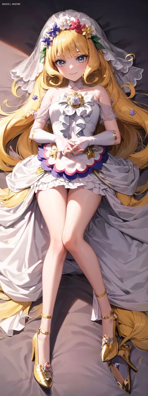 (((masterpiece))), (8k, high_resolution), extremely detailed CG, ((best quality)),
cinematic lighting, dynamic lighting,
<lora:beautifulDetailedEyes_v10:0.1>,
shiny skin,
beautiful eyes and detailed face,
1girl, solo,
(cure ange),
(bare shoulders, shoulder cutout, brooch, tiara, choker, waist apron, yellow high heels, wedding dress, bridal veil, hair flower, white high heels, layered dress,:1.2),
looking at viewer,
rom_below,
smile,
lying,
(full body:1.2),
<lora:Ichinose_Riko2-000012:0.1>,
<lora:locon_cure_finale_02:0.9>,