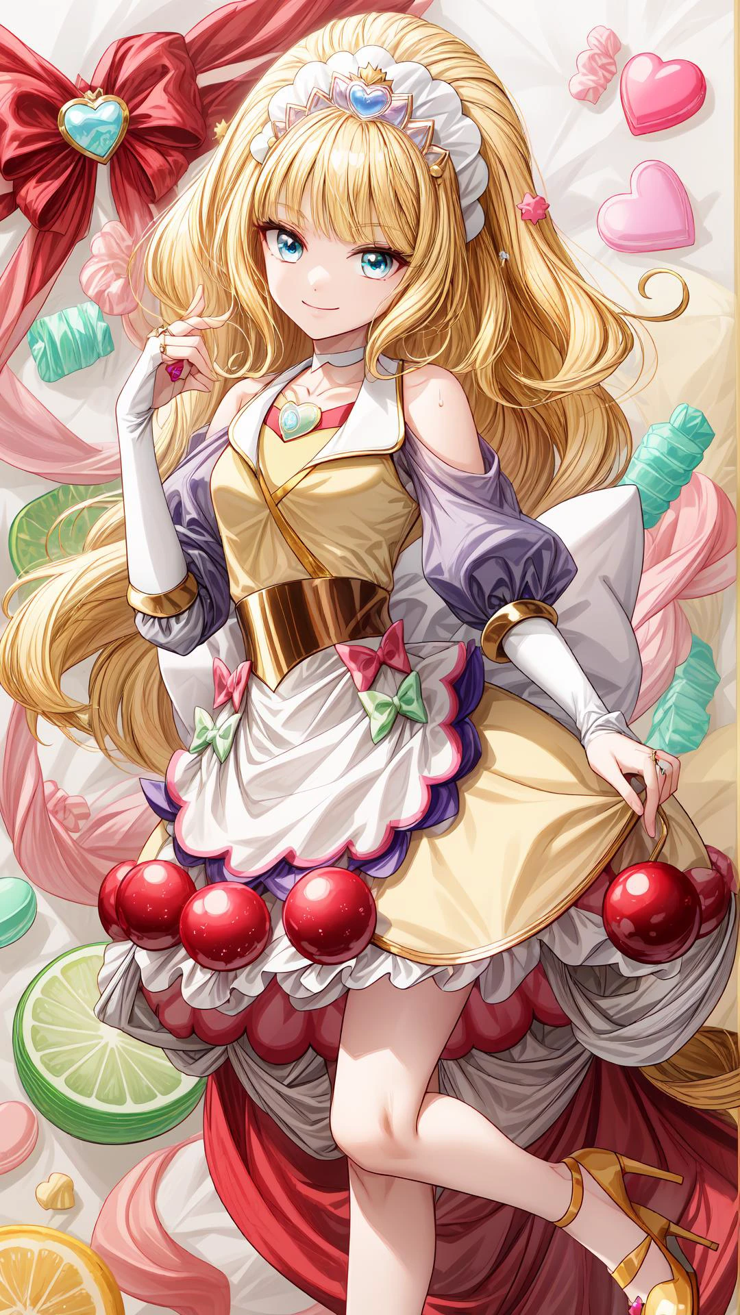 1girl, yo, masterpiece, best quality, (ultra detailed), beautiful body, (perfect anatomy:1.3), beautiful face and eyes, ((Pastel colors)) , perfect lighting, illustration,, blonde hair,
(cute pose:1.1), (looking at viewer), (smile:1.2), (cool:1.2), cute, (elegant:1.1)
((sweets, cake, candy)), (jewelry sweat:1.2), (heart:1.3),
<lora:hyperdetailer_v095:1>,
<lora:locon_cure_finale_02:1> cure finale, detached sleeves, hair ornament, shoulder cutout, brooch, tiara, choker, waist apron, brooch, arm warmers, white high heels