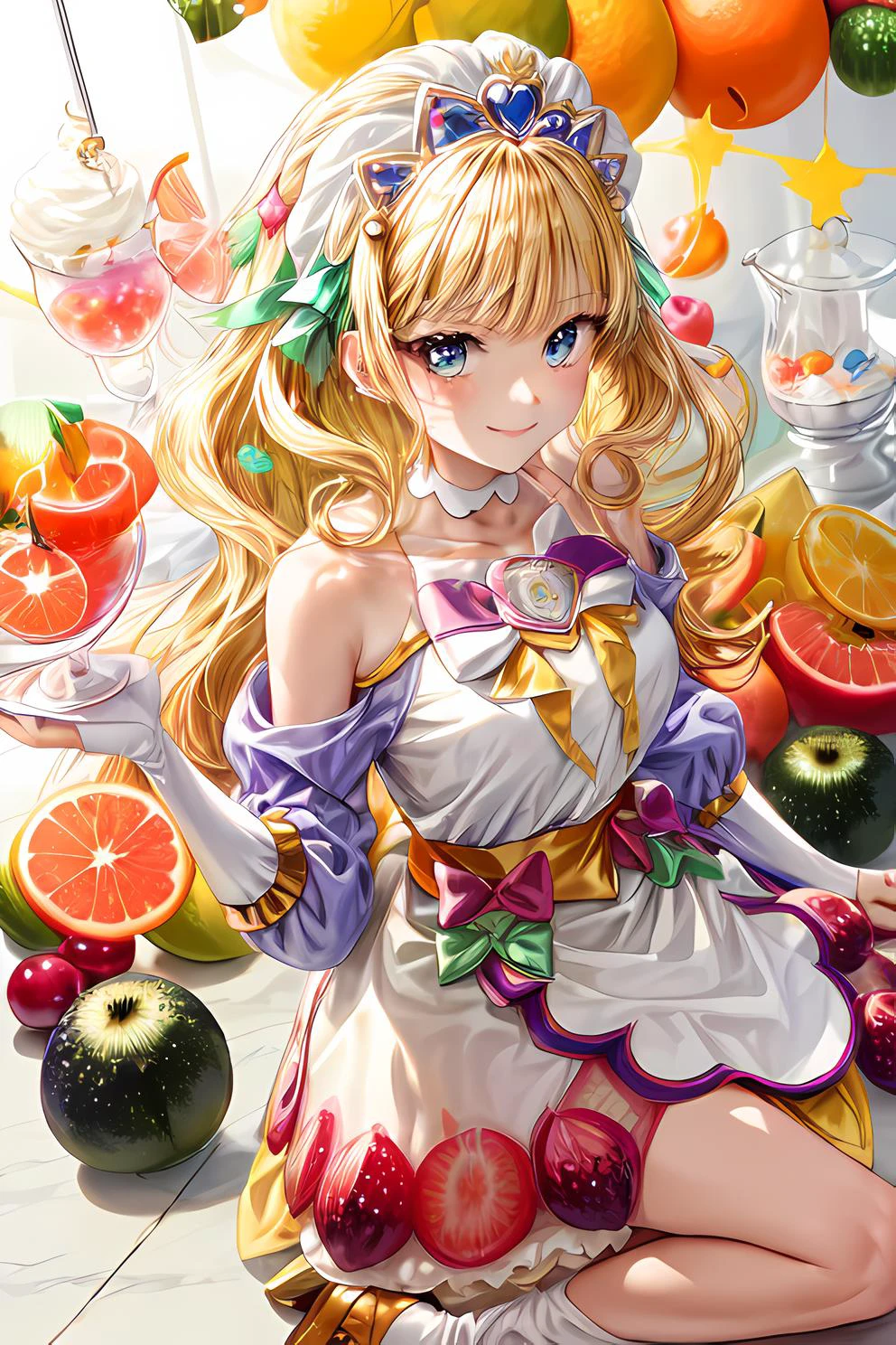 1girl, yo, masterpiece, best quality, (ultra detailed), (perfect anatomy:1.3), perfect lighting, (detailer eyed:1.3)
<lora:locon_cure_finale_02:1> (cure finale), detached sleeves, hair ornament, shoulder cutout, brooch, tiara, choker, (waist apron), brooch, arm warmers, white high heels
(looking at viewer), (smile:1.2), elegance, upper body, cool,
<lora:hyperdetailer_v095:0.35>,
(sweets:1.3), ( fruits cake:1.1), syrup, juice, (fruit:1.2), sherbet, parfait, (citrus),
pastel colors, gradient background, streamed,