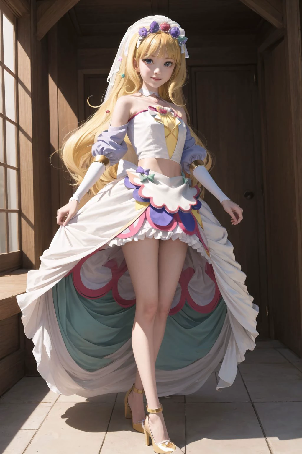 (((masterpiece))), (8k, high_resolution), extremely detailed CG, ((best quality)),
cinematic lighting, dynamic lighting,
<lora:beautifulDetailedEyes_v10:0.1>,
shiny skin, detailed panties,
cure finale, beautiful eyes and detailed face,
1girl, solo,
(cure ange),
bare shoulders, shoulder cutout, brooch, tiara, choker, waist apron, yellow high heels, wedding dress, bridal veil, hair flower, white high heels, layered dress,
looking at viewer,
smile,
standing,
(panties:1.3),
(full body:1.2),
<lora:Ichinose_Riko2-000012:0.1>,
<lora:locon_cure_finale_02:1>,