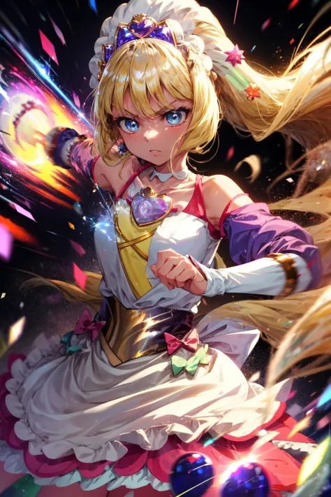 masterpiece,best quality,1girl,cure finale,light blue eyes,blonde hair,very long hair,detached sleeves,hair ornament,shoulder cutout,brooch,tiara,choker,waist apron,brooch,arm warmers,serious,fighting stance,action pose,attack,incoming attack,(motion lines,motion blur),sparkle,light particles,energy glowing,<lora:Concept-control tool-add_detail-CyberAIchemist:0.3>,<lora:locon_cure_finale_02:0.95>,