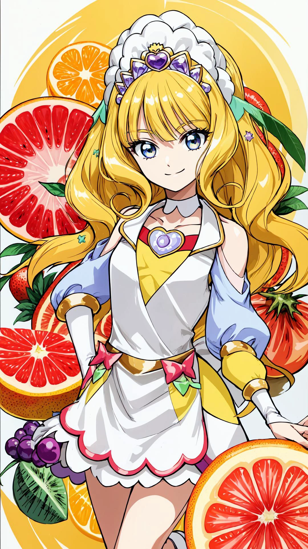 1girl, yo, masterpiece, best quality, (ultra detailed), beautiful body, (perfect anatomy:1.3), beautiful face, ((Pastel colors)) , perfect lighting, illustration,, blonde hair, (detailer eyed:1.3)
<lora:locon_cure_finale_02:1> (cure finale), detached sleeves, hair ornament, shoulder cutout, brooch, tiara, choker, (waist apron), brooch, arm warmers, white high heels
upper body,
(looking at viewer), (smile:1.2), elegance, upper body, cool, (citrus),
<lora:hyperdetailer_v095:0.3>,
(sweets:1.45), ( fruits cake:1.1), syrup, juice, (fruit:1.3), sherbet, parfait
have a fruit,