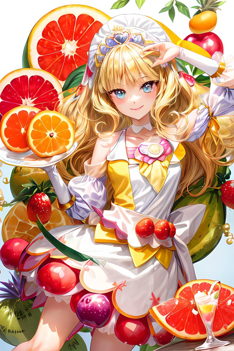 1girl, yo, masterpiece, best quality, (ultra detailed), (perfect anatomy:1.3), perfect lighting, (detailer eyed:1.3)
<lora:locon_cure_finale_02:1> (cure finale), detached sleeves, hair ornament, shoulder cutout, brooch, tiara, choker, (waist apron), brooch, arm warmers, white high heels
(looking at viewer), (smile:1.2), elegance, upper body, cool,
<lora:hyperdetailer_v095:0.3>,
(sweets:1.4), ( fruits cake:1.1), syrup, juice, (fruit:1.2), sherbet, parfait, (citrus),
pastel colors, gradient background, streamed,