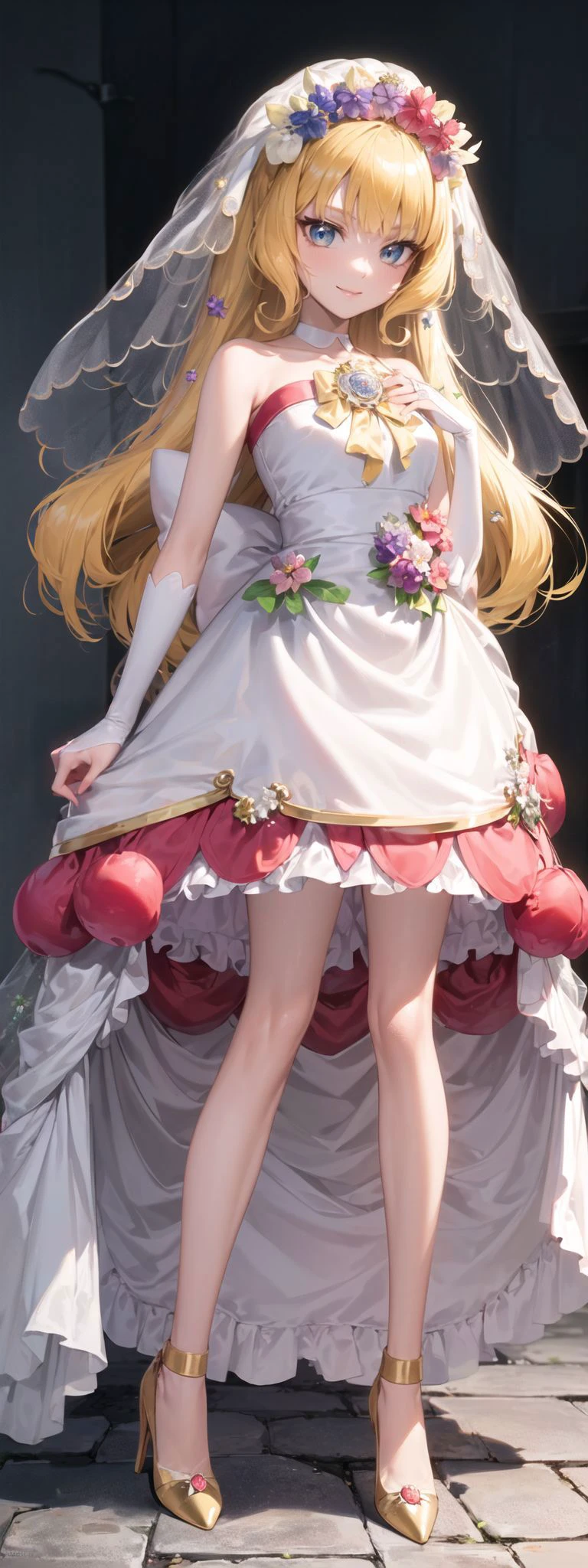 (((masterpiece))), (8k, high_resolution), extremely detailed CG, ((best quality)),
cinematic lighting, dynamic lighting,
<lora:beautifulDetailedEyes_v10:0.1>,
shiny skin,
beautiful eyes and detailed face,
1girl, solo,
(cure ange),
(bare shoulders, shoulder cutout, brooch, tiara, choker, waist apron, yellow high heels, wedding dress, bridal veil, hair flower, white high heels, layered dress,:1.2),
looking at viewer,
rom_below,
smile,
standing,
(full body:1.2),
<lora:Ichinose_Riko2-000012:0.1>,
<lora:locon_cure_finale_02:0.9>,