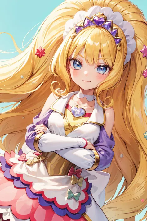 masterpiece,best quality,1girl,cure finale,light blue eyes,blonde hair,very long hair,detached sleeves,hair ornament,shoulder cutout,brooch,tiara,choker,waist apron,brooch,arm warmers,light smile,crossed arms,dutch angle,(multicolored background),<lora:Concept-control tool-add_detail-CyberAIchemist:0.3>,<lora:locon_cure_finale_02:0.95>,