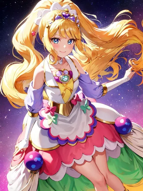 a woman in a dress with long blonde hair and a star in the background