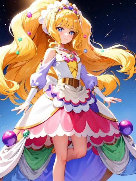 masterpiece, best quality, looking at viewer, depth of field, standing,
1girl, <lora:locon_cure_finale_02:0.9>, cure finale, detached sleeves, hair ornament, shoulder cutout, brooch, tiara, choker, waist apron, brooch, arm warmers, white high heels, 
smile, ((gradient background)), lens flare,