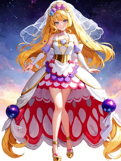 masterpiece, best quality, looking at viewer, depth of field, standing, full body,
1girl, <lora:locon_cure_finale_02:0.9>, cure finale,  bare shoulders, hair ornament, shoulder cutout, brooch, tiara, choker, waist apron, yellow high heels, 
wedding dress, bridal veil, hair flower, see-through sleeves, white high heels, layered dress, 
smile, ((gradient background)), lens flare,