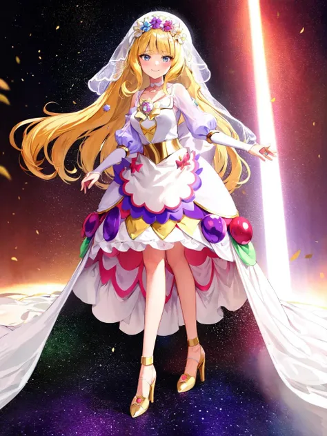 masterpiece, best quality, looking at viewer, depth of field, standing, full body,
1girl, <lora:locon_cure_finale_02:0.9>, cure finale, hair ornament, brooch, choker, waist apron, 
wedding dress, bridal veil, hair flower, see-through sleeves, white high heels, layered dress, puffy short sleeves, 
smile, ((gradient background)), lens flare,