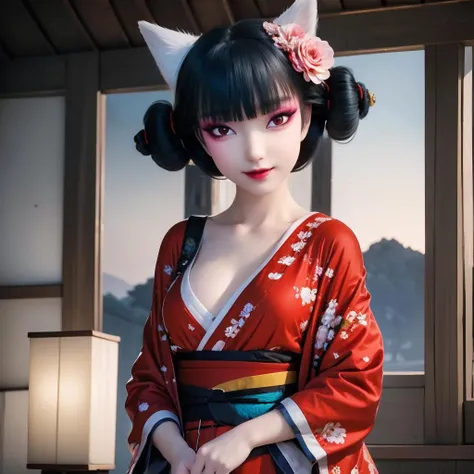 face lighting,bright backlight,medium breasts,super high resolution,best quality,Photos,4k,(Realistic:1.2),huyao,1girl,solo,black hair,red eyes,hair ornament,flower,looking at viewer,hair flower,hair bun,animal ears,kimono,short kimono,fox ears,
<lora:huyao_30:0.9>,