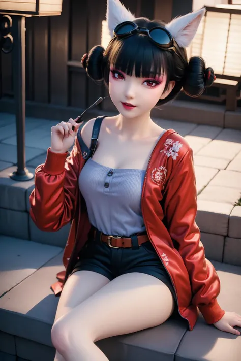face lighting,bright backlight,medium breasts,super high resolution,best quality,Photos,4k,(Realistic:1.2),huyao,1girl,red eyes,fox ears,hair ornament,goggles on the head,black jacket,shorts,black hair,flower,solo,looking at viewer,hair bun,thigh,
<lora:huyao_30:0.9>,
