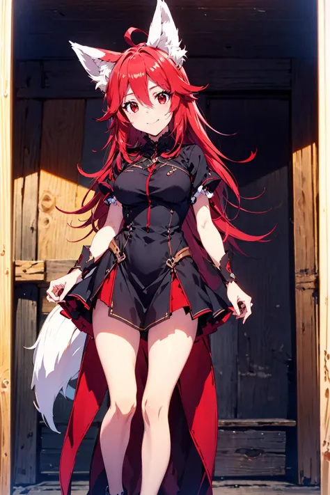 <lora:xiaohuli-07:0.8>,slender,red tail,red hair,red eyes,(RAW photo, best quality),masterpiece,2k wallpaper,Amazing,finely detail,extremely detailed CG unity 8k wallpaper,huge filesize,ultra-detailed,dress,girl,animal ears,solo,fox ears,hair between eyes,tail,thigh,standing,
