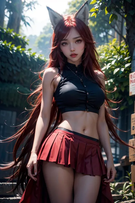 <lora:xiaohuli-07:0.7>,1girl,red eyes,red hair,fox ears,flat chest,(RAW photo, best quality),masterpiece,2k wallpaper,Amazing,finely detail,extremely detailed CG unity 8k wallpaper,huge filesize,ultra-detailed,xiaohuli,animal ears,solo,hair between eyes,thigh,whole body,standing,nature,skirt,navel,tail,midriff,(red pleated skirt:1.1),sleeveless,short top,