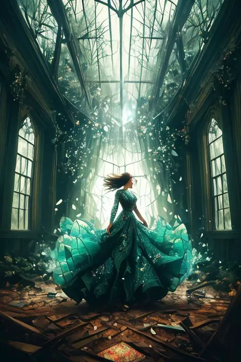 woman in a mythical forest, masterpiece, perfect face, intricate details, horror theme, raw photo, photo unp <lora:abandoned_20230916234519:0.7> photo_unp, Dancing glass and crystal
